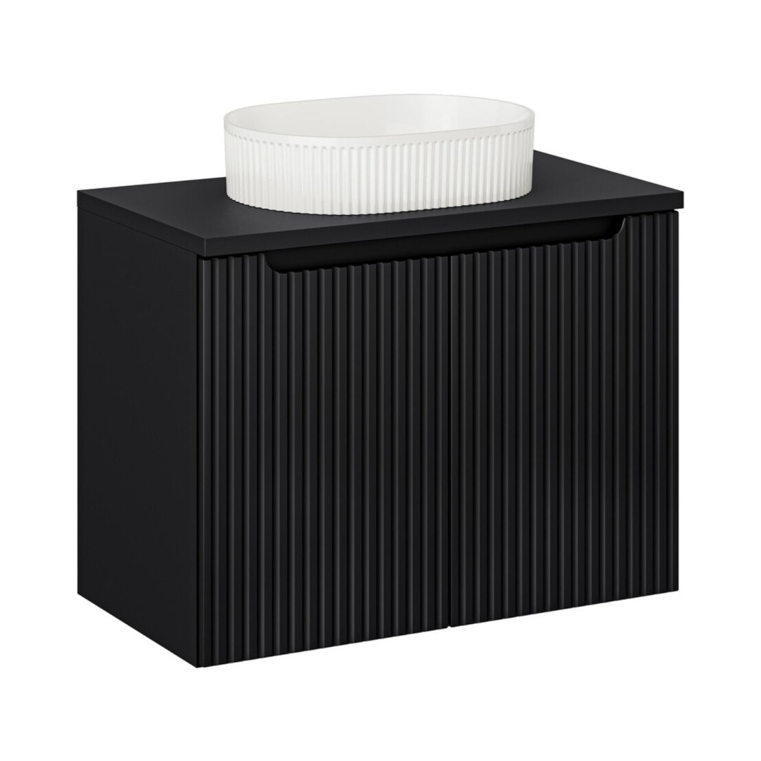 Ensemble VANO 80cm : meuble sous vasque à placards + plan pour vasque noir mat + vasque à poser rainurée blanche