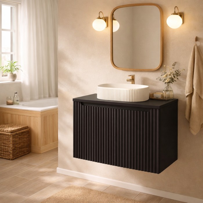 Ensemble VANO 80cm: Unterschrank mit Schränken + Matte schwarze Waschtischplatte + Weiße gerillte Aufsatzwaschbecken