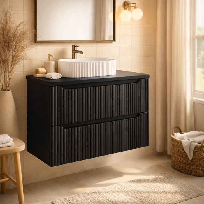 Conjunto de baño suspendido VANO 80cm: mueble bajo lavabo con cajones ranurados en negro mate + encimera para lavabo en negro ma