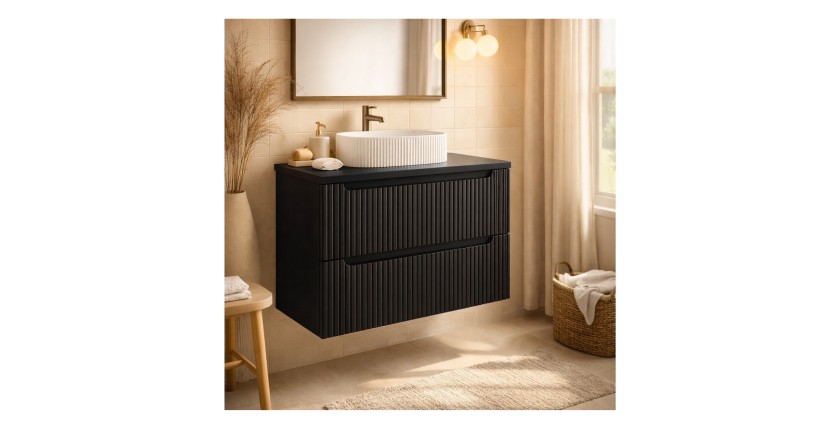 Ensemble de salle de bain suspendu VANO 80cm : meuble sous vasque à tiroirs rainuré noir mat + plan pour vasque noir mat