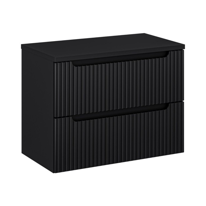 Conjunto de baño suspendido VANO 80cm: mueble bajo lavabo con cajones ranurados en negro mate + encimera para lavabo en negro ma