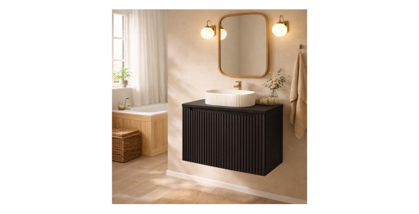 Ensemble de salle de bain suspendu VANO 80cm : meuble sous vasque à placards rainuré noir mat + plan pour vasque noir mat