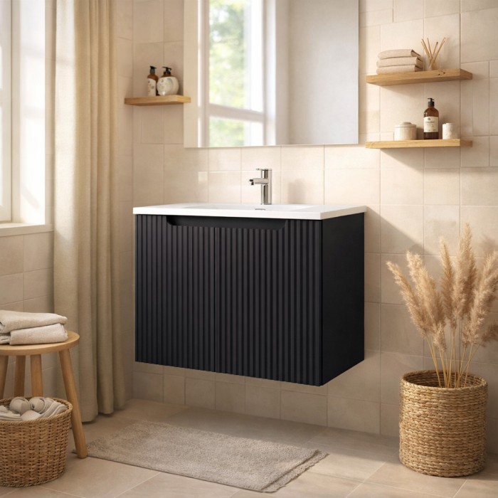 Badezimmer-Set VANO 80cm: Unterschrank mit vertikal gerillten Schranktüren + eingelassenes weißes Waschbecken
