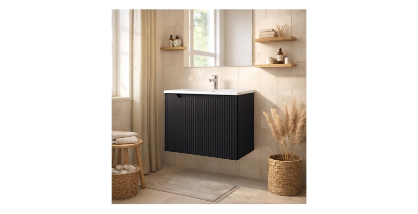 Ensemble VANO 80cm : meuble sous vasque 2 portes et vasque encastrée blanche mis en situation