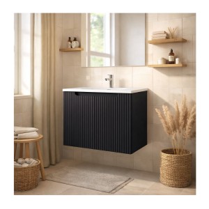 Ensemble VANO 80cm : meuble sous vasque 2 portes et vasque encastrée blanche mis en situation