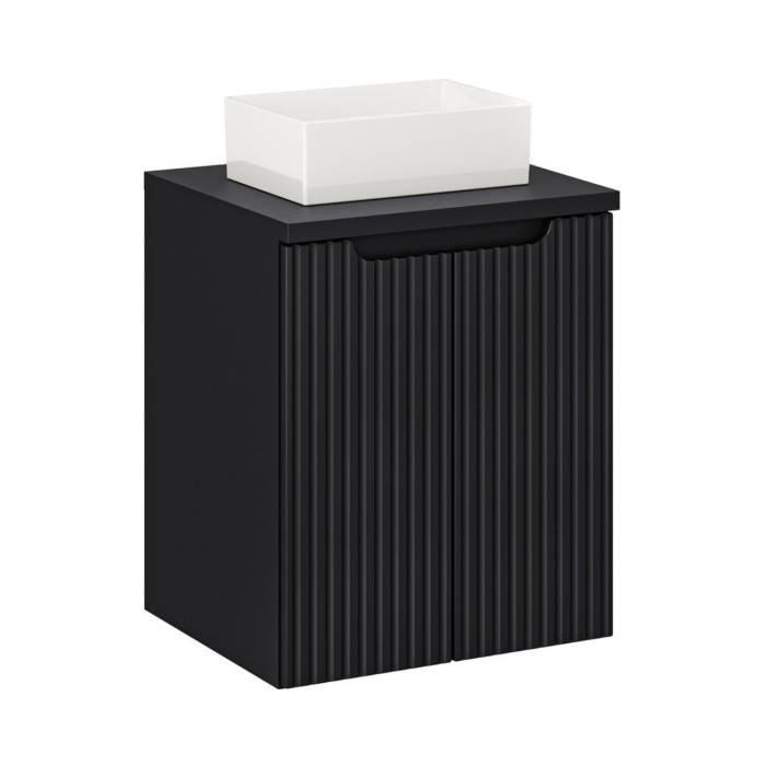 Conjunto VANO 50cm: mueble bajo lavabo con armarios + encimera para lavabo negro mate + lavabo rectangular sobre encimera blanco