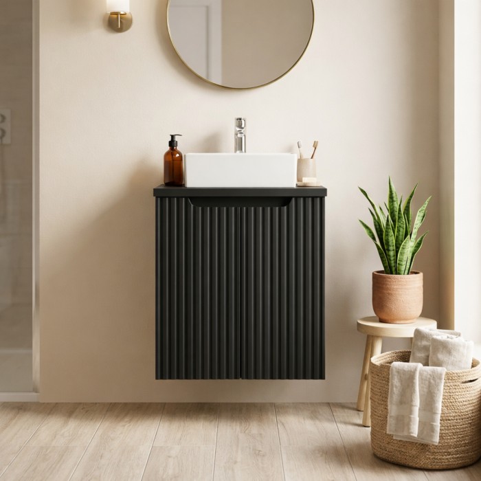 Conjunto VANO 50cm: mueble bajo lavabo con armarios + encimera para lavabo negro mate + lavabo rectangular sobre encimera blanco