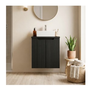 Ensemble VANO 50cm : meuble sous vasque 2 portes, plan pour vasque et vasque à poser rectangulaire mis en situation