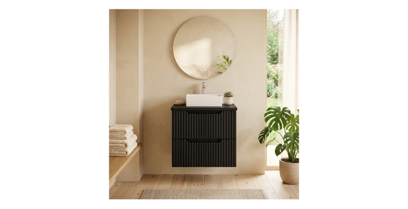 Ensemble VANO 50cm : meuble sous vasque à tiroirs, plan pour vasque noir mat mis en situation