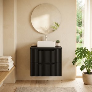 Ensemble VANO 50cm : meuble sous vasque à tiroirs, plan pour vasque noir mat mis en situation
