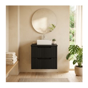 Ensemble VANO 50cm : meuble sous vasque à tiroirs, plan pour vasque noir mat mis en situation