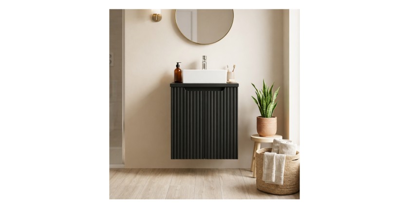 Ensemble VANO 50cm : meuble sous vasque 2 portes, plan pour vasque noir mat mis en situation