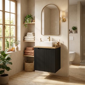 Ensemble VANO 50cm : meuble sous vasque 2 portes, plan pour vasque et vasque à poser mis en situation