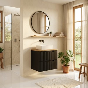 Ensemble VANO 50cm : meuble sous vasque à tiroirs noir mat et plan pour vasque aspect chêne clair mis en situation