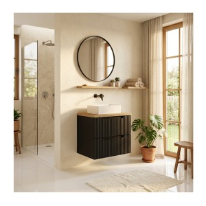 Ensemble VANO 50cm : meuble sous vasque à tiroirs noir mat et plan pour vasque aspect chêne clair mis en situation