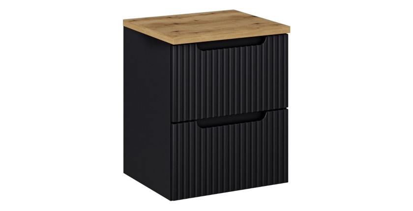 Ensemble VANO 50cm : meuble sous vasque à tiroirs noir mat et plan pour vasque aspect chêne clair