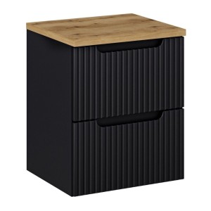 Ensemble VANO 50cm : meuble sous vasque à tiroirs noir mat et plan pour vasque aspect chêne clair