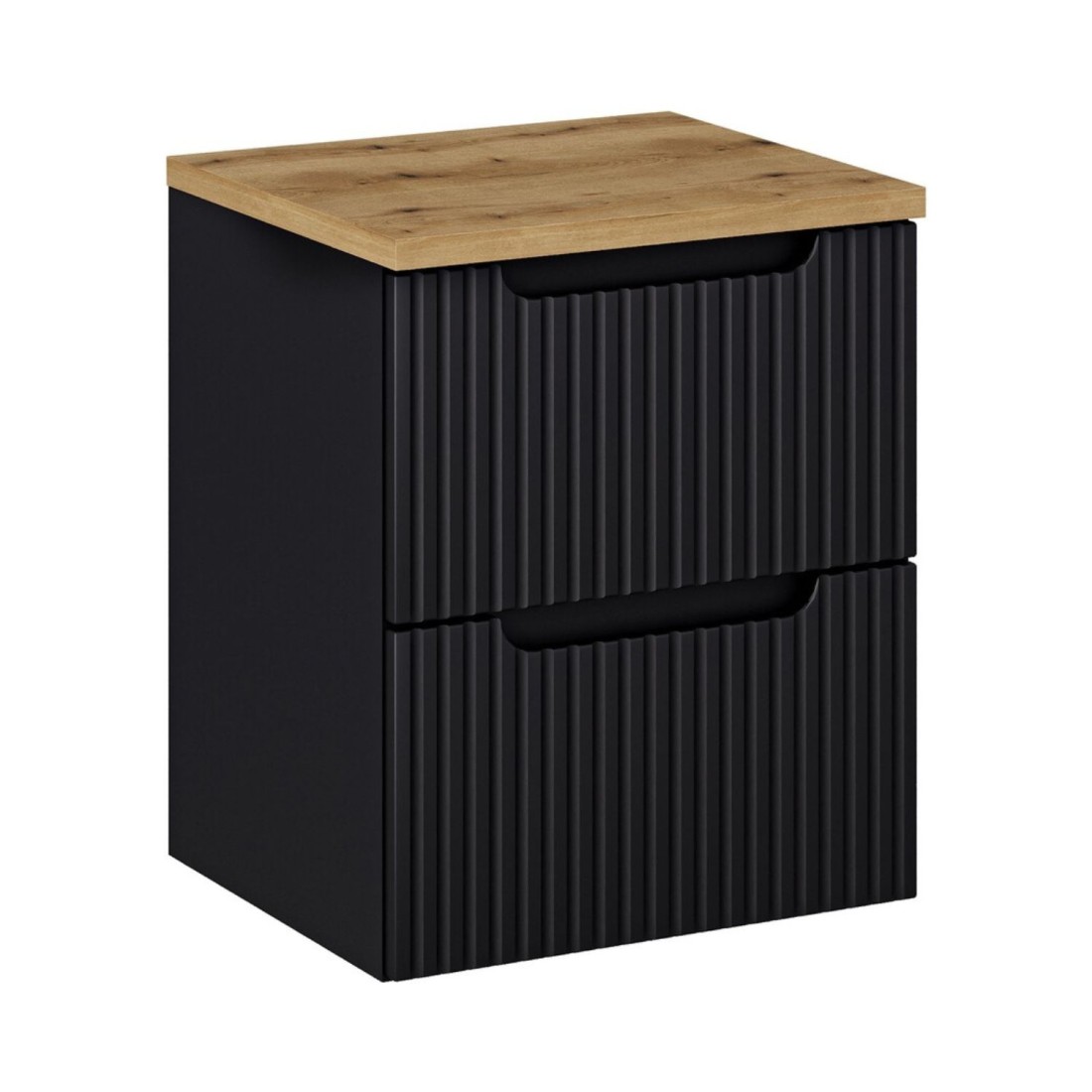 Ensemble VANO 50cm : meuble sous vasque à tiroirs noir mat et plan pour vasque aspect chêne clair