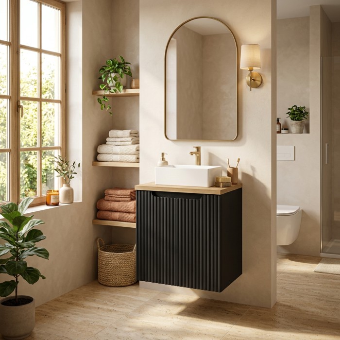 Ensemble VANO 50cm : meuble sous vasque 2 portes noir mat, plan pour vasque aspect chêne clair mis en situation