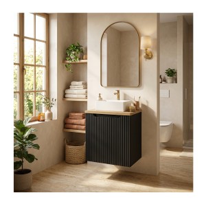 Ensemble VANO 50cm : meuble sous vasque 2 portes noir mat, plan pour vasque aspect chêne clair mis en situation