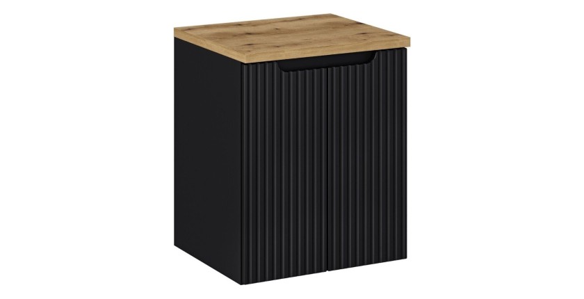 Ensemble VANO 50cm : meuble sous vasque 2 portes noir mat, plan pour vasque aspect chêne clair