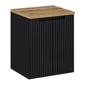 Ensemble VANO 50cm : meuble sous vasque 2 portes noir mat, plan pour vasque aspect chêne clair