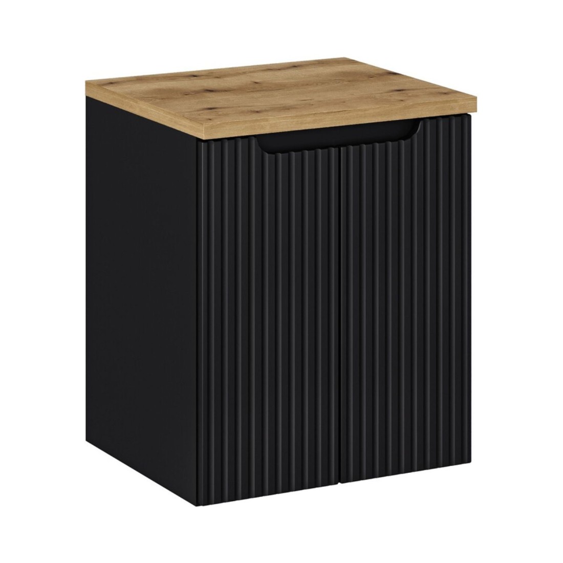 Ensemble VANO 50cm : meuble sous vasque 2 portes noir mat, plan pour vasque aspect chêne clair