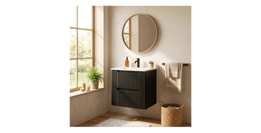 Ensemble VANO 50cm : meuble sous vasque à tiroirs noir mat et vasque encastrée blanche mis en situation