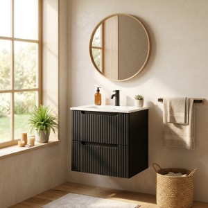 Ensemble VANO 50cm : meuble sous vasque à tiroirs noir mat et vasque encastrée blanche mis en situation