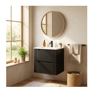 Ensemble VANO 50cm : meuble sous vasque à tiroirs noir mat et vasque encastrée blanche mis en situation