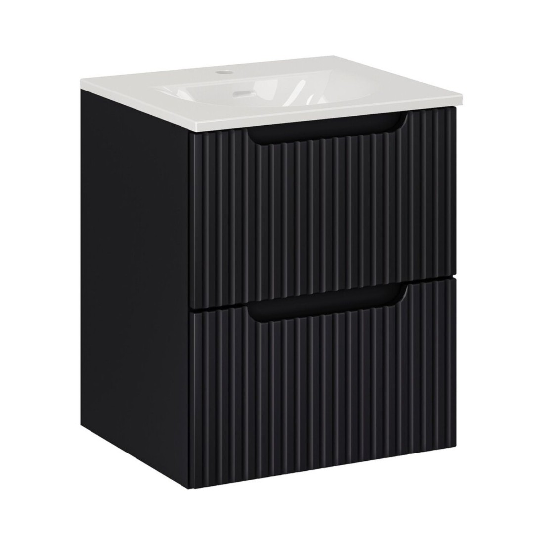 Ensemble VANO 50cm : meuble sous vasque à tiroirs noir mat et vasque encastrée blanche