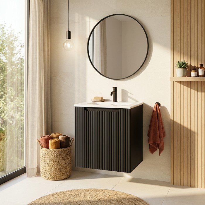 Badezimmer-Set VANO 50cm: Unterschrank mit vertikal gerillten Schranktüren + eingelassenes weißes Waschbecken