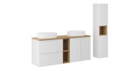 Ensemble VANO blanc 170cm : meubles sous vasque avec niches visibles à tiroirs et placards + deux vasques à poser rainurées + co