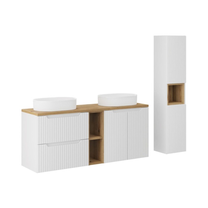 Conjunto VANO blanco 170cm: muebles bajo lavabo con nichos visibles con cajones y armarios + dos lavabos para colocar + columna