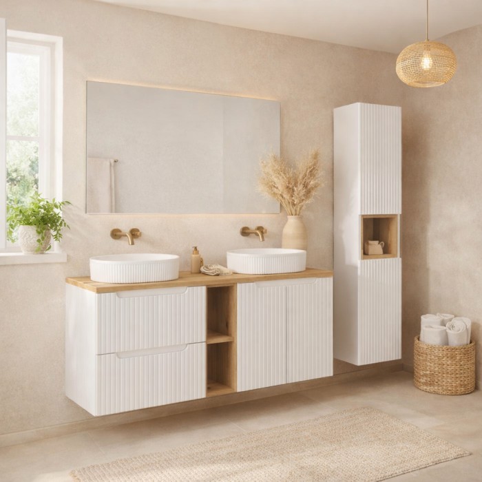 Conjunto VANO blanco 170cm: muebles bajo lavabo con nichos visibles con cajones y armarios + dos lavabos para colocar + columna