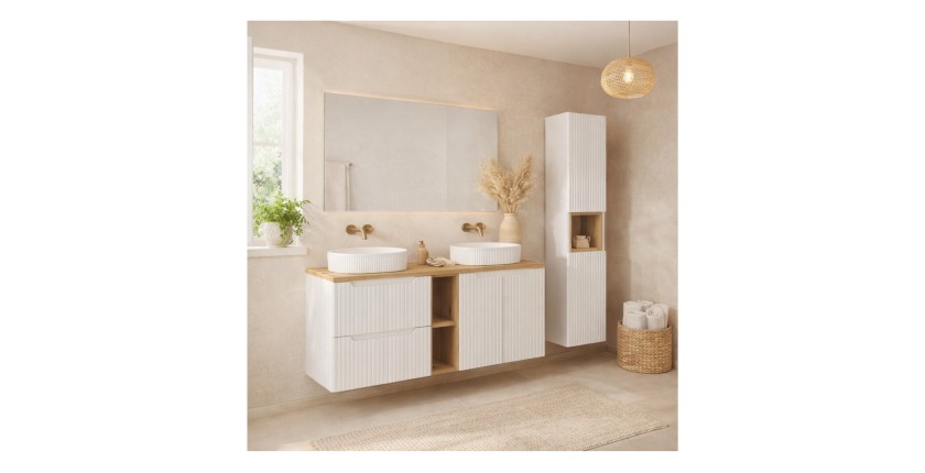 Ensemble VANO blanc 170cm : meubles sous vasque avec niches visibles à tiroirs et placards + deux vasques à poser rainurées + co