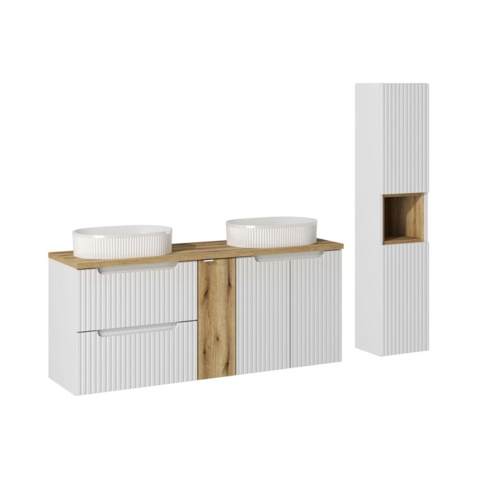Insieme VANO bianco 170cm: mobili sotto lavabo con cassetti e armadietti + due lavabi da appoggio scanalati + colonna
