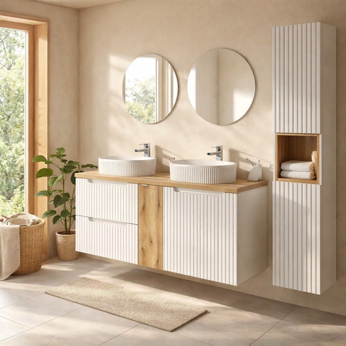 Insieme VANO bianco 170cm: mobili sotto lavabo con cassetti e armadietti + due lavabi da appoggio scanalati + colonna