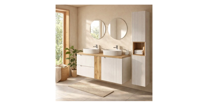 Ensemble VANO blanc 170cm : meubles sous vasque à tiroirs et placards + deux vasques à poser rainurées + colonne