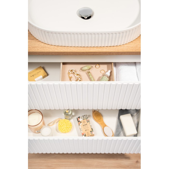 Insieme VANO bianco 170cm: mobili sotto lavabo con cassetti e armadietti + due lavabi da appoggio scanalati + colonna