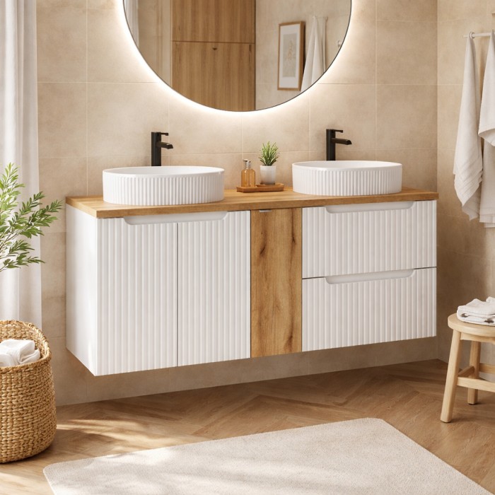 Badezimmer-Set VANO weiß 140cm: Unterschränke mit Schubladen und Schränken + zwei gerillte Aufsatzwaschbecken