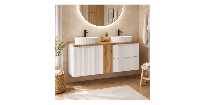 Ensemble VANO 140cm : meubles sous vasque, niches fermées, plan pour vasque et vasques à poser mis en situation