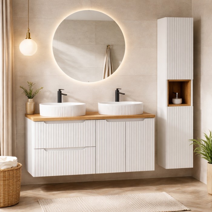 Conjunto VANO blanco 150cm: muebles bajo lavabo con cajones y armarios + encimera para lavabo + dos lavabos para colocar con ran