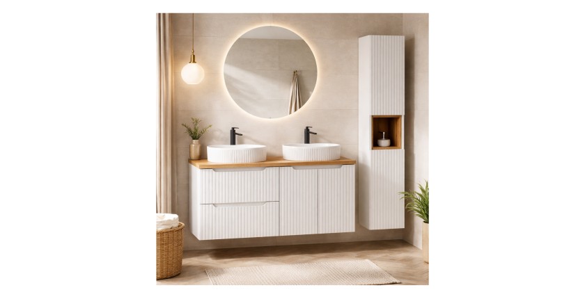 Ensemble VANO blanc 150cm : meubles sous vasque à tiroirs et placards + plan pour vasque + deux vasques à poser rainurées + colo