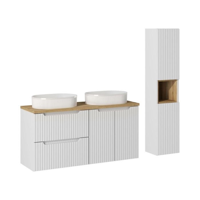 Conjunto VANO blanco 150cm: muebles bajo lavabo con cajones y armarios + encimera para lavabo + dos lavabos para colocar con ran