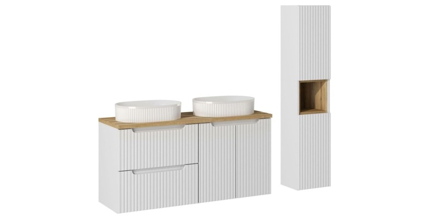 Ensemble VANO blanc 150cm : meubles sous vasque à tiroirs et placards + plan pour vasque + deux vasques à poser rainurées + colo