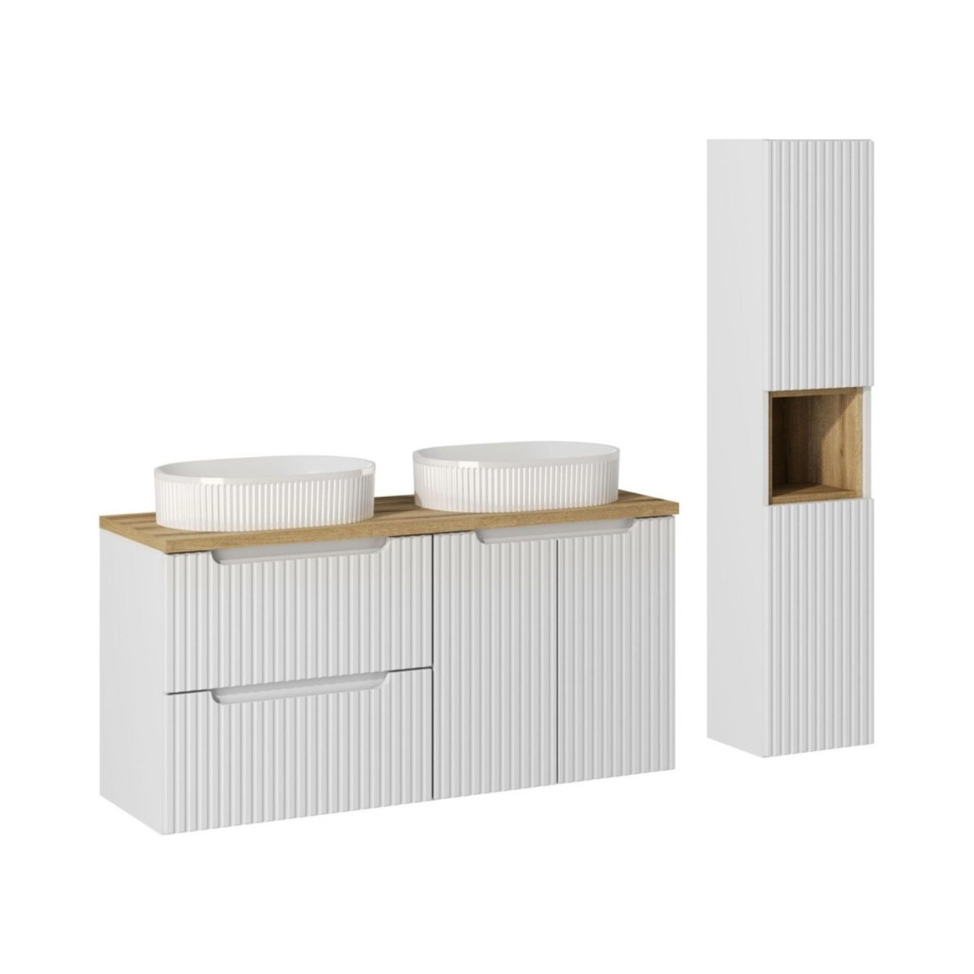 Ensemble VANO 150cm : meubles sous vasque, plan pour vasque, vasques à poser et colonne