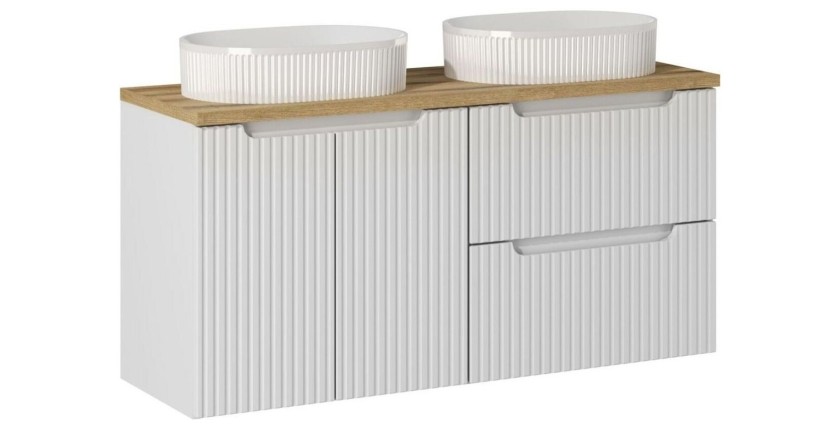 Ensemble VANO blanc 120cm : meubles sous vasque à tiroirs et placards + plan pour vasque + deux vasques à poser rainurées