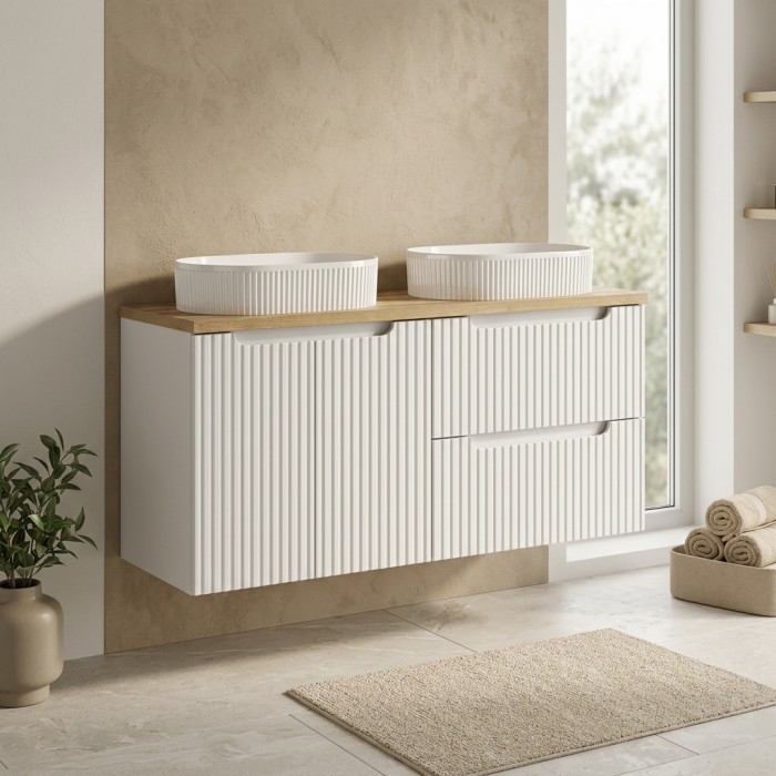 Ensemble VANO weiß 120cm: Unterschränke mit Schubladen und Schränken + Platte für Waschbecken + zwei gerillte Aufsatzwaschbecken
