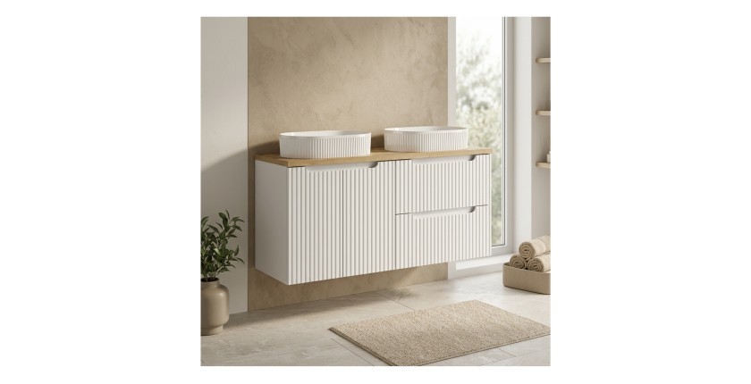 Ensemble VANO blanc 120cm : meubles sous vasque à tiroirs et placards + plan pour vasque + deux vasques à poser rainurées